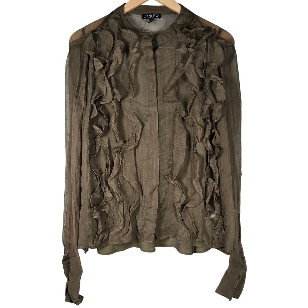 J. Crew Ruffle-front top in crinkle cupro in Olive Sombre 14 NWT